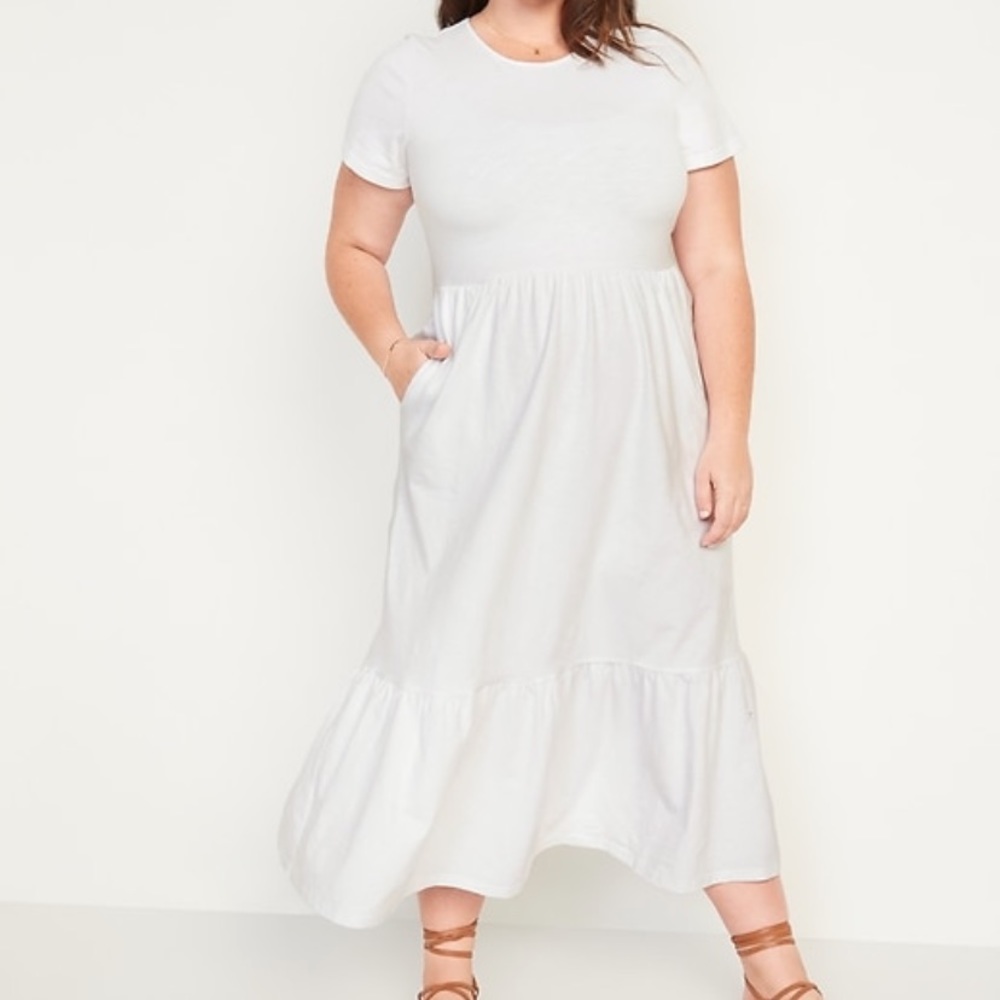 Short-Sleeve Tiered Slub-Knit Midi Swing Dress - Picture 1 of 5